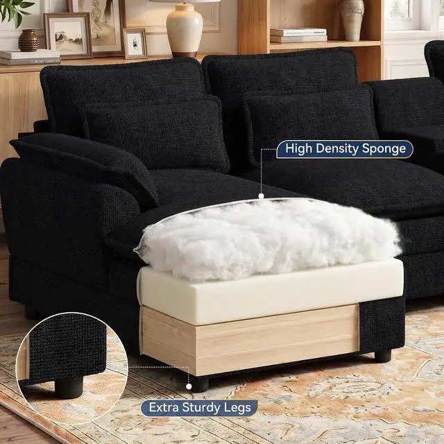 Alt view image 5 of 7 - 134" U Shaped Modular Sectional Sofa, Oversized Cloud Couch with Double Chaise Lounge, Storage Console, Cup Holders & USB Port, Comfy Chenille Deep Seat Couch Set for Living Room, Black