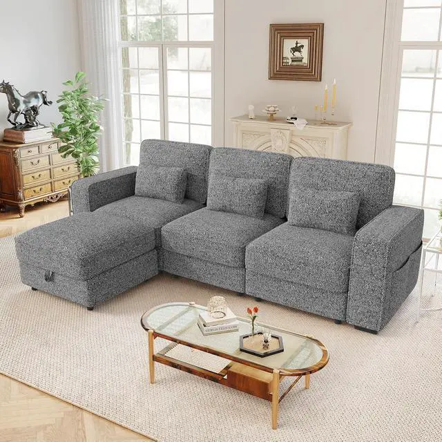 Alt view image 2 of 7 - 102" Oversized Modular Sectional Sofa, L Shaped 3 Seaters with Storage Ottoman Cloud Couch Sofa Set, Modern Convertible Chenille Deep Seat Sectional Couches for Living Room, Dark Grey 1 PCS
