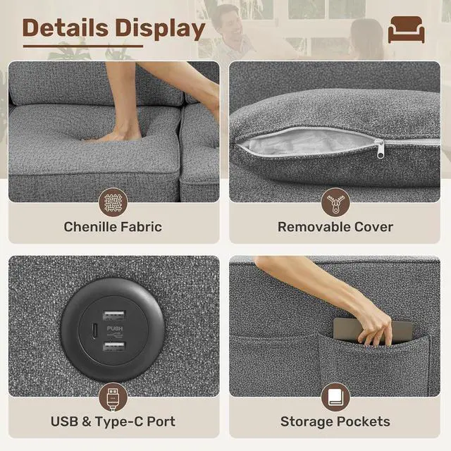 Alt view image 4 of 7 - 102" Oversized Modular Sectional Sofa, L Shaped 3 Seaters with Storage Ottoman Cloud Couch Sofa Set, Modern Convertible Chenille Deep Seat Sectional Couches for Living Room, Dark Grey 1 PCS