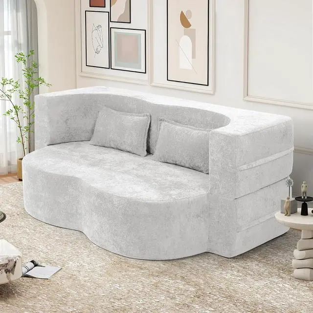 Main image of 78" Convertible Sofa Bed with Pillows Queen Sleeper Sofa,Foam Folding Mattress Sleeper Modern Teddy Fabric Floor Cushion and Futon Chaise Lounge Sofa,For Apartments,Guest Rooms,Guest Use,Condo,Beige