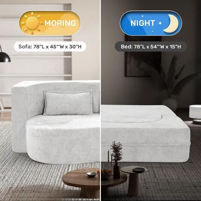 Alt view image 2 of 7 - 78" Convertible Sofa Bed with Pillows Queen Sleeper Sofa,Foam Folding Mattress Sleeper Modern Teddy Fabric Floor Cushion and Futon Chaise Lounge Sofa,For Apartments,Guest Rooms,Guest Use,Condo,Beige