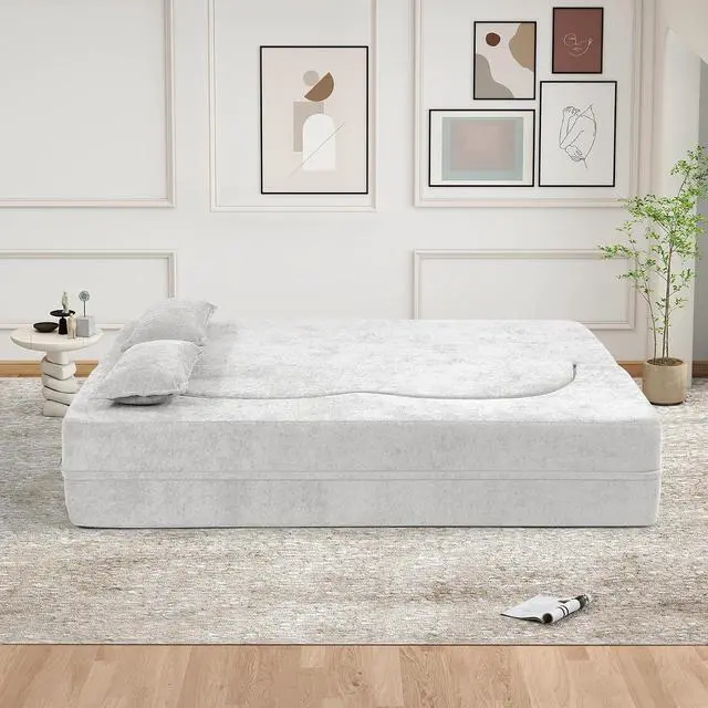 Alt view image 3 of 7 - 78" Convertible Sofa Bed with Pillows Queen Sleeper Sofa,Foam Folding Mattress Sleeper Modern Teddy Fabric Floor Cushion and Futon Chaise Lounge Sofa,For Apartments,Guest Rooms,Guest Use,Condo,Beige