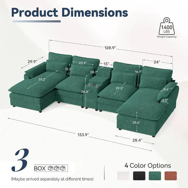 Alt view image 2 of 7 - 134" U Shaped Modular Sectional Sofa, Oversized Cloud Couch with Double Chaise Lounge, Storage Console, Cup Holders & USB Port, Comfy Chenille Deep Seat Couch Set for Living Room, Green