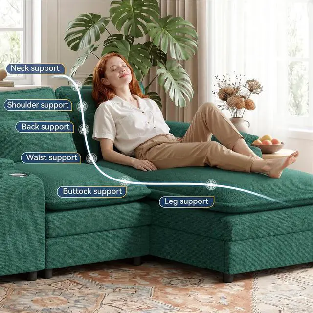 Alt view image 3 of 7 - 134" U Shaped Modular Sectional Sofa, Oversized Cloud Couch with Double Chaise Lounge, Storage Console, Cup Holders & USB Port, Comfy Chenille Deep Seat Couch Set for Living Room, Green