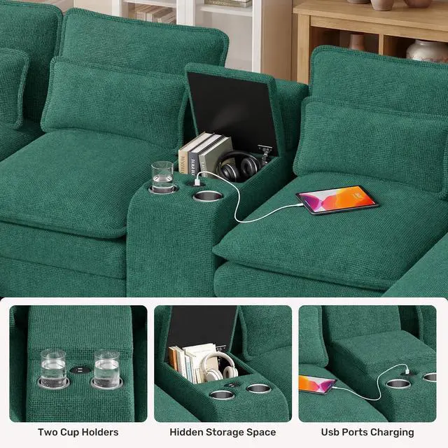 Alt view image 4 of 7 - 134" U Shaped Modular Sectional Sofa, Oversized Cloud Couch with Double Chaise Lounge, Storage Console, Cup Holders & USB Port, Comfy Chenille Deep Seat Couch Set for Living Room, Green