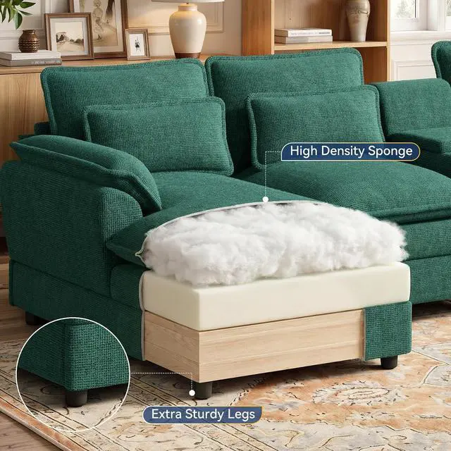 Alt view image 5 of 7 - 134" U Shaped Modular Sectional Sofa, Oversized Cloud Couch with Double Chaise Lounge, Storage Console, Cup Holders & USB Port, Comfy Chenille Deep Seat Couch Set for Living Room, Green