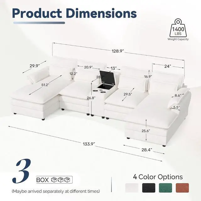 Alt view image 2 of 7 - 134" U Shaped Modular Sectional Sofa, Oversized Cloud Couch with Double Chaise Lounge, Storage Console, Cup Holders & USB Port, Comfy Chenille Deep Seat Couch Set for Living Room,White