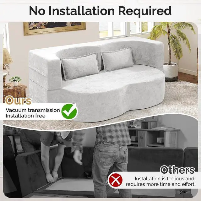 Alt view image 5 of 7 - 78" Convertible Sofa Bed with Pillows Queen Sleeper Sofa,Foam Folding Mattress Sleeper Modern Teddy Fabric Floor Cushion and Futon Chaise Lounge Sofa,For Apartments,Guest Rooms,Guest Use,Condo,Beige