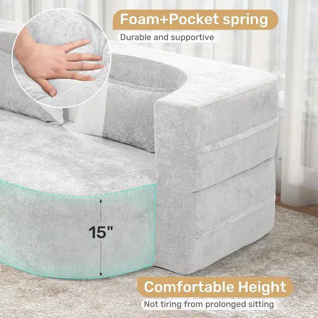 Alt view image 4 of 7 - 78" Convertible Sofa Bed with Pillows Queen Sleeper Sofa,Foam Folding Mattress Sleeper Modern Teddy Fabric Floor Cushion and Futon Chaise Lounge Sofa,For Apartments,Guest Rooms,Guest Use,Condo,Beige