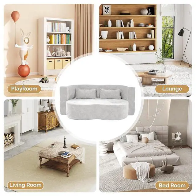 Alt view image 6 of 7 - 78" Convertible Sofa Bed with Pillows Queen Sleeper Sofa,Foam Folding Mattress Sleeper Modern Teddy Fabric Floor Cushion and Futon Chaise Lounge Sofa,For Apartments,Guest Rooms,Guest Use,Condo,Beige