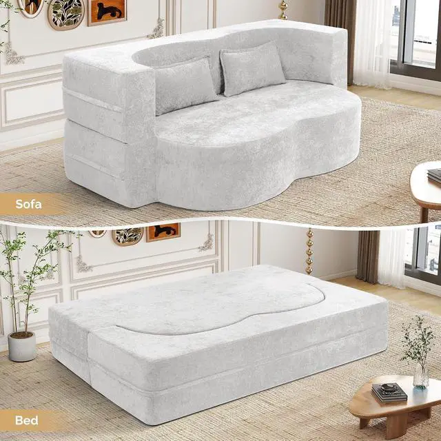 Alt view image 7 of 7 - 78" Convertible Sofa Bed with Pillows Queen Sleeper Sofa,Foam Folding Mattress Sleeper Modern Teddy Fabric Floor Cushion and Futon Chaise Lounge Sofa,For Apartments,Guest Rooms,Guest Use,Condo,Beige