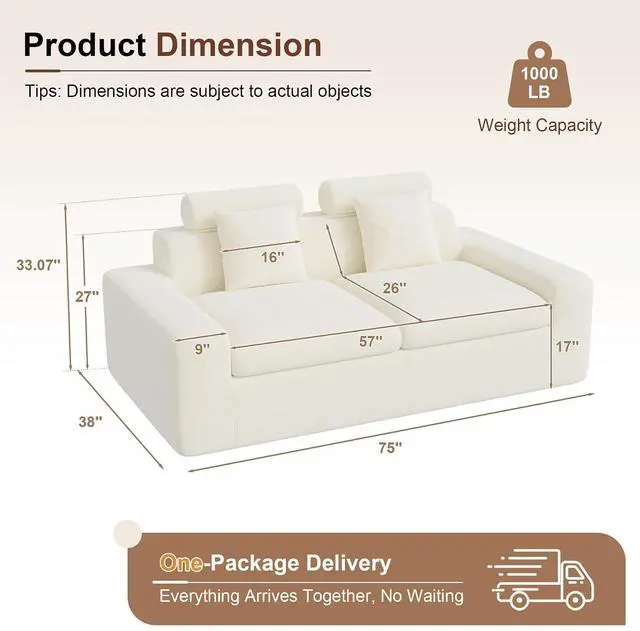 Alt view image 2 of 7 - 75'' Small Boneless Cloud Loveseat Sofa, No Assembly Required Couches Includes 2 pcs Pillows for Apartment, Living Room, Bedroom(Adjustable Headrest)