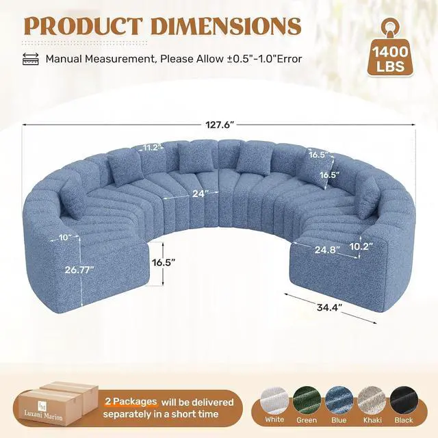 Alt view image 2 of 7 - Oversized Curved Cloud Couch, 6 Seater Modern Modular Sectional Sofa, Convertible Boneless Couches for Living Room, No Assembly Required, Light Blue 1 PCS
