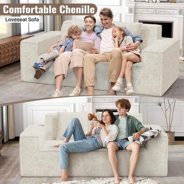 Alt view image 3 of 7 - 77'' Modern Cloud Loveseat Sofa in Chenille, Deep Seat Boneless Couches Includes 2 pcs Pillows for Living Room, Bedroom, Apartment(Beige)