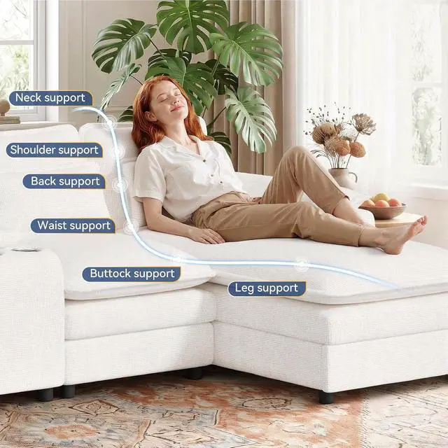 Alt view image 3 of 7 - 134" U Shaped Modular Sectional Sofa, Oversized Cloud Couch with Double Chaise Lounge, Storage Console, Cup Holders & USB Port, Comfy Chenille Deep Seat Couch Set for Living Room,White