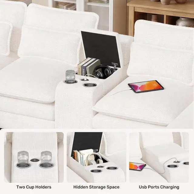 Alt view image 4 of 7 - 134" U Shaped Modular Sectional Sofa, Oversized Cloud Couch with Double Chaise Lounge, Storage Console, Cup Holders & USB Port, Comfy Chenille Deep Seat Couch Set for Living Room,White