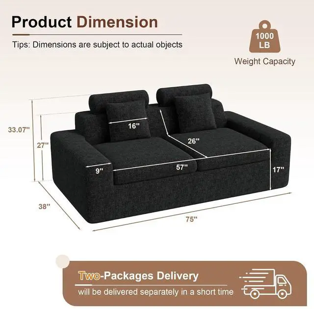 Alt view image 2 of 7 - 75'' Small Boneless Cloud Loveseat Sofa Set 2, No Assembly Required Couches Includes 4 pcs Pillows for Apartment, Living Room, Bedroom(Adjustable Headrest)