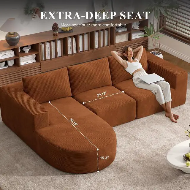 Alt view image 5 of 6 - L-Shaped Boneless Couch,104" Couches for Living Room with Curved Chaise,Modular Sectional Sofa with Deep Seat,Modern Cozy Cloud Compression Sofas,No Assembly Required(Brown) 1PCS