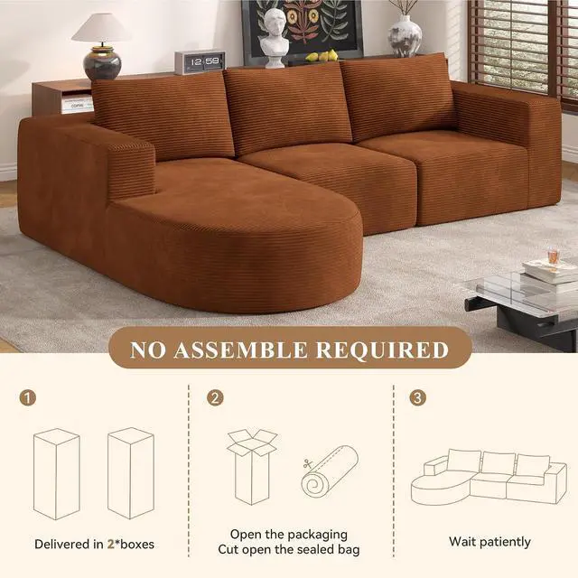 Alt view image 6 of 6 - L-Shaped Boneless Couch,104" Couches for Living Room with Curved Chaise,Modular Sectional Sofa with Deep Seat,Modern Cozy Cloud Compression Sofas,No Assembly Required(Brown) 1PCS