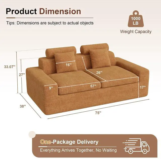 Alt view image 2 of 7 - 75'' Small Boneless Cloud Loveseat Sofa, No Assembly Required Couches Includes 2 pcs Pillows for Apartment, Living Room, Bedroom(Adjustable Headrest)
