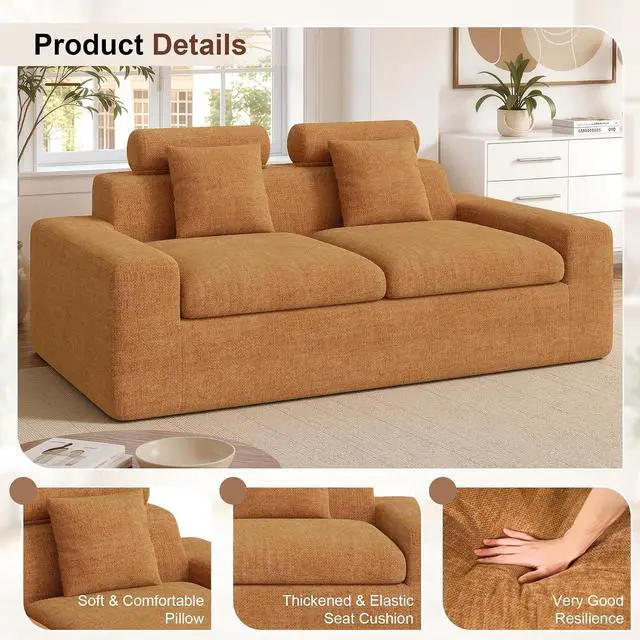 Alt view image 5 of 7 - 75'' Small Boneless Cloud Loveseat Sofa, No Assembly Required Couches Includes 2 pcs Pillows for Apartment, Living Room, Bedroom(Adjustable Headrest)