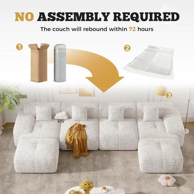 Alt view image 6 of 7 - 158" Modern U Shaped Modular Sectional Sofa, Boneless Couches for Living Room with Ottoman,6 Seater Convertible Chenille Cloud Couch Sofa Set, No Assembly Required, Beige 1 PCS