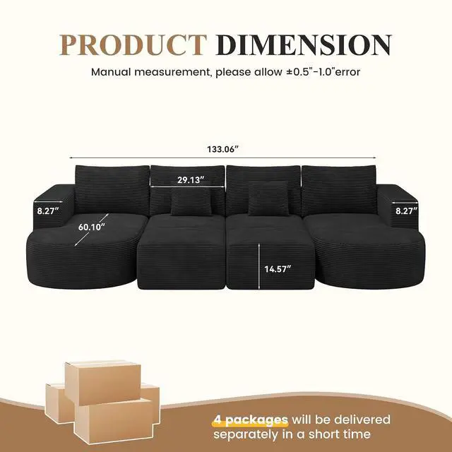 Alt view image 2 of 7 - Modular Sectional Sofa Bed,Convertible Cloud Couches for Living Room with Ottoman,4 Seater with 2 Chaise Corduroy Boneless Couch Sleeper Sofa Set for Bedroom,No Assembly Required,Black 1PCS