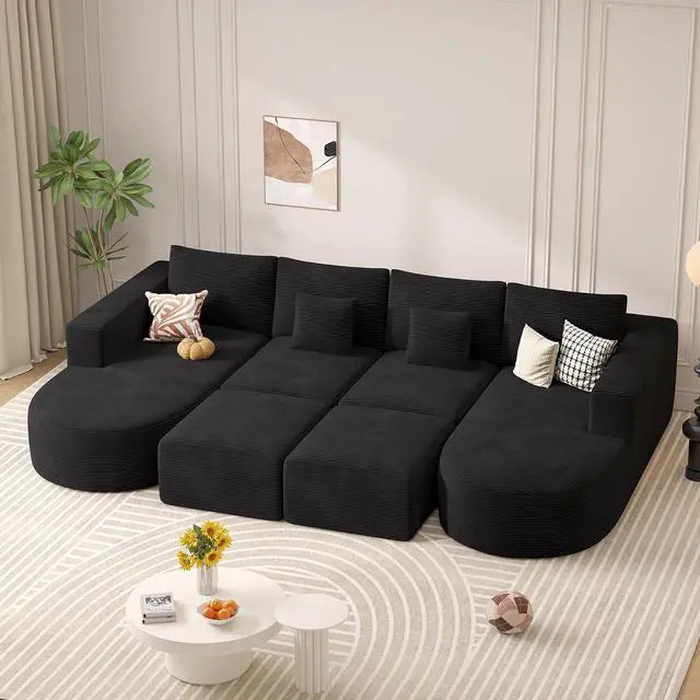 Main image of Modular Sectional Sofa Bed,Convertible Cloud Couches for Living Room with Ottoman,4 Seater with 2 Chaise Corduroy Boneless Couch Sleeper Sofa Set for Bedroom,No Assembly Required,Black 1PCS