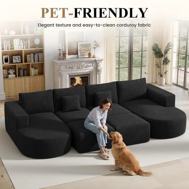 Alt view image 3 of 7 - Modular Sectional Sofa Bed,Convertible Cloud Couches for Living Room with Ottoman,4 Seater with 2 Chaise Corduroy Boneless Couch Sleeper Sofa Set for Bedroom,No Assembly Required,Black 1PCS