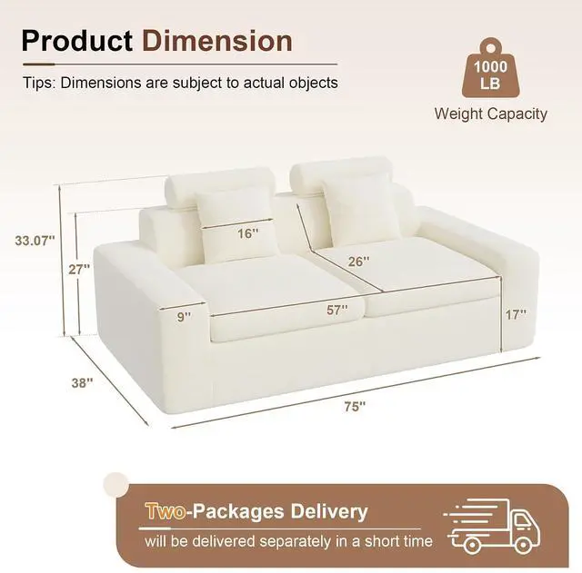 Alt view image 2 of 7 - 75'' Small Boneless Cloud Loveseat Sofa Set 2, No Assembly Required Couches Includes 4 pcs Pillows for Apartment, Living Room, Bedroom(Adjustable Headrest)