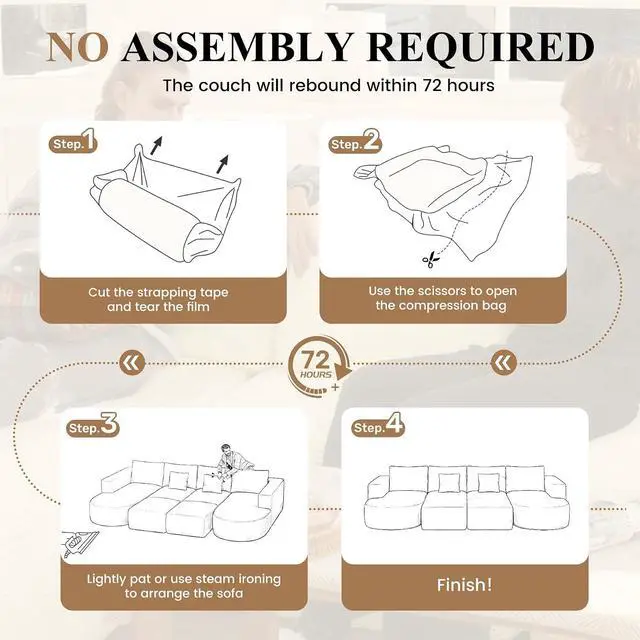 Alt view image 5 of 7 - Modular Sectional Sofa Bed,Convertible Cloud Couches for Living Room with Ottoman,4 Seater with 2 Chaise Corduroy Boneless Couch Sleeper Sofa for Bedroom,No Assembly Required,Beige 1PCS
