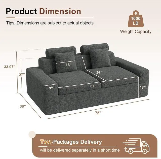 Alt view image 2 of 7 - 75'' Small Boneless Cloud Loveseat Sofa Set 2, No Assembly Required Couches Includes 4 pcs Pillows for Apartment, Living Room, Bedroom(Adjustable Headrest)
