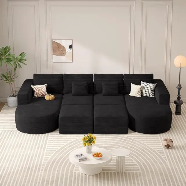 Alt view image 6 of 7 - Modular Sectional Sofa Bed,Convertible Cloud Couches for Living Room with Ottoman,4 Seater with 2 Chaise Corduroy Boneless Couch Sleeper Sofa Set for Bedroom,No Assembly Required,Black 1PCS
