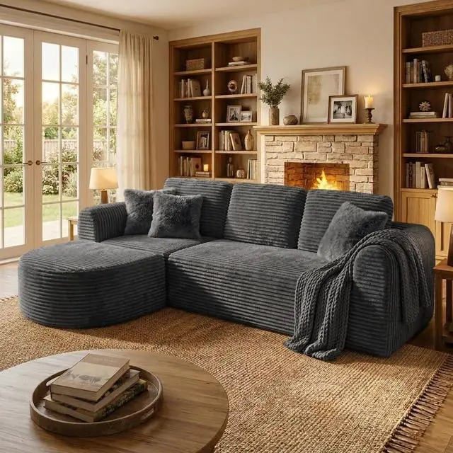 Main image of 108 Modular Sectional Sofa, Boneless Couches for Living Room, Deep Seat L-Shape Cloud Couch with Chaise, Comfy Sofa Freely Change Configurations No Assembly Required, Soft Plush Corduroy Fabric(Grey)