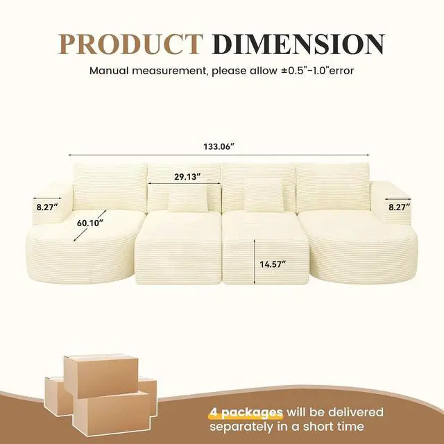 Alt view image 2 of 7 - Modular Sectional Sofa Bed,Convertible Cloud Couches for Living Room with Ottoman,4 Seater with 2 Chaise Corduroy Boneless Couch Sleeper Sofa for Bedroom,No Assembly Required,Beige 1PCS