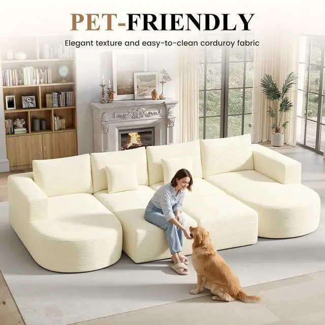 Alt view image 3 of 7 - Modular Sectional Sofa Bed,Convertible Cloud Couches for Living Room with Ottoman,4 Seater with 2 Chaise Corduroy Boneless Couch Sleeper Sofa for Bedroom,No Assembly Required,Beige 1PCS