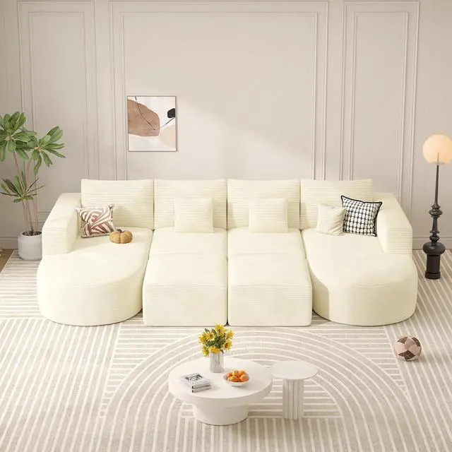 Alt view image 6 of 7 - Modular Sectional Sofa Bed,Convertible Cloud Couches for Living Room with Ottoman,4 Seater with 2 Chaise Corduroy Boneless Couch Sleeper Sofa for Bedroom,No Assembly Required,Beige 1PCS