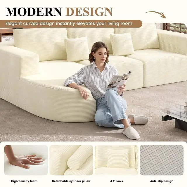 Alt view image 4 of 7 - Modular Sectional Sofa Bed,Convertible Cloud Couches for Living Room with Ottoman,4 Seater with 2 Chaise Corduroy Boneless Couch Sleeper Sofa for Bedroom,No Assembly Required,Beige 1PCS
