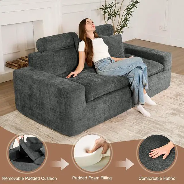 Alt view image 7 of 7 - 75'' Small Boneless Cloud Loveseat Sofa Set 2, No Assembly Required Couches Includes 4 pcs Pillows for Apartment, Living Room, Bedroom(Adjustable Headrest)