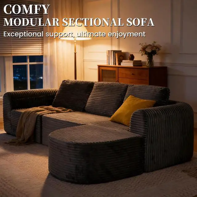 Alt view image 3 of 7 - 108 Modular Sectional Sofa, Boneless Couches for Living Room, Deep Seat L-Shape Cloud Couch with Chaise, Comfy Sofa Freely Change Configurations No Assembly Required, Soft Plush Corduroy Fabric(Grey)