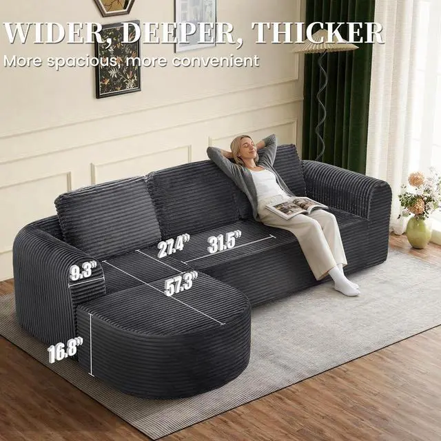 Alt view image 4 of 7 - 108 Modular Sectional Sofa, Boneless Couches for Living Room, Deep Seat L-Shape Cloud Couch with Chaise, Comfy Sofa Freely Change Configurations No Assembly Required, Soft Plush Corduroy Fabric(Grey)