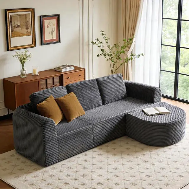 Alt view image 6 of 7 - 108 Modular Sectional Sofa, Boneless Couches for Living Room, Deep Seat L-Shape Cloud Couch with Chaise, Comfy Sofa Freely Change Configurations No Assembly Required, Soft Plush Corduroy Fabric(Grey)