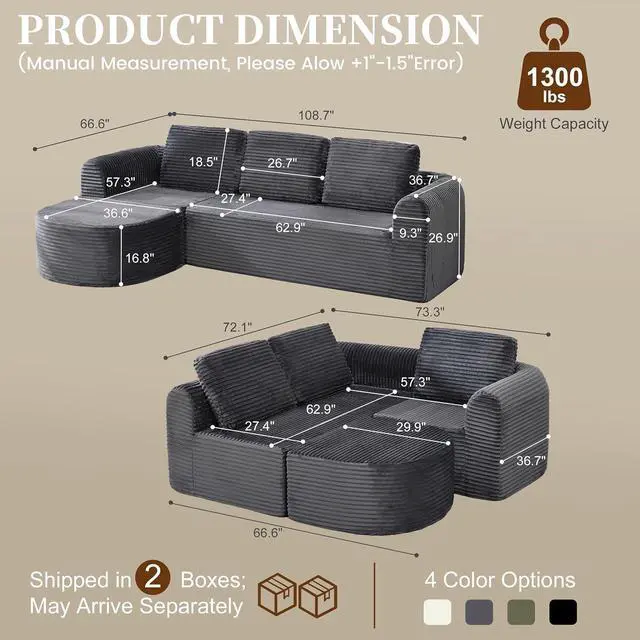 Alt view image 2 of 7 - 108 Modular Sectional Sofa, Boneless Couches for Living Room, Deep Seat L-Shape Cloud Couch with Chaise, Comfy Sofa Freely Change Configurations No Assembly Required, Soft Plush Corduroy Fabric(Grey)