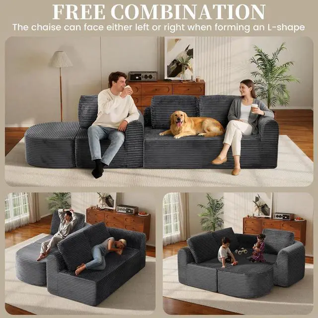 Alt view image 5 of 7 - 108 Modular Sectional Sofa, Boneless Couches for Living Room, Deep Seat L-Shape Cloud Couch with Chaise, Comfy Sofa Freely Change Configurations No Assembly Required, Soft Plush Corduroy Fabric(Grey)