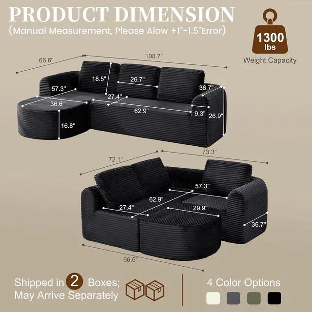 Alt view image 2 of 7 - 108 Modular Sectional Sofa, Boneless Couches for Living Room, Deep Seat L-Shape Cloud Couch with Chaise,Comfy Sofa Freely Change Configurations No Assembly Required,Soft Plush Corduroy Fabric(Black)