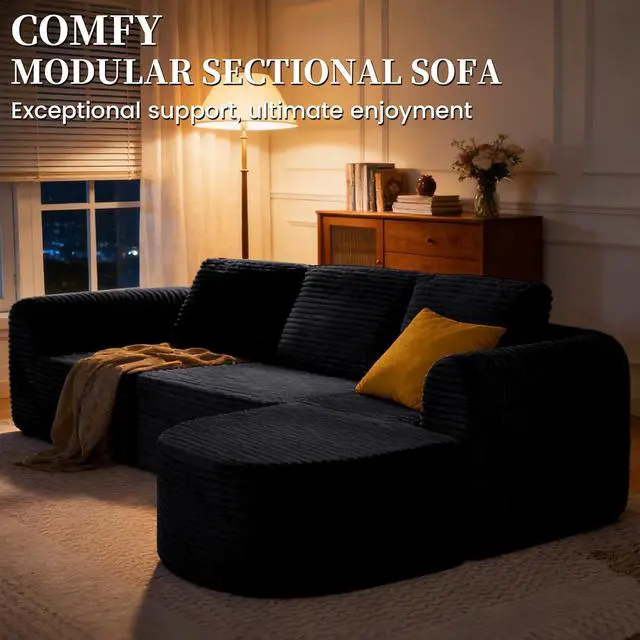 Alt view image 3 of 7 - 108 Modular Sectional Sofa, Boneless Couches for Living Room, Deep Seat L-Shape Cloud Couch with Chaise,Comfy Sofa Freely Change Configurations No Assembly Required,Soft Plush Corduroy Fabric(Black)