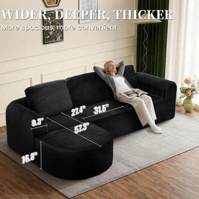 Alt view image 4 of 7 - 108 Modular Sectional Sofa, Boneless Couches for Living Room, Deep Seat L-Shape Cloud Couch with Chaise,Comfy Sofa Freely Change Configurations No Assembly Required,Soft Plush Corduroy Fabric(Black)
