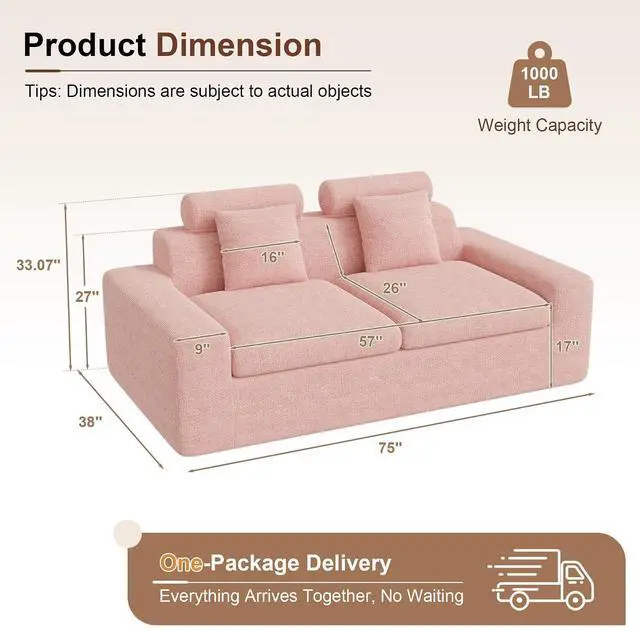 Alt view image 2 of 7 - 75'' Small Boneless Cloud Loveseat Sofa, No Assembly Required Couches Includes 2 pcs Pillows for Apartment, Living Room, Bedroom(Adjustable Headrest)