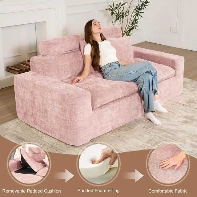 Alt view image 4 of 7 - 75'' Small Boneless Cloud Loveseat Sofa, No Assembly Required Couches Includes 2 pcs Pillows for Apartment, Living Room, Bedroom(Adjustable Headrest)