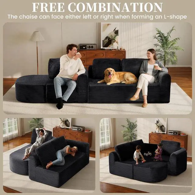 Alt view image 5 of 7 - 108 Modular Sectional Sofa, Boneless Couches for Living Room, Deep Seat L-Shape Cloud Couch with Chaise,Comfy Sofa Freely Change Configurations No Assembly Required,Soft Plush Corduroy Fabric(Black)